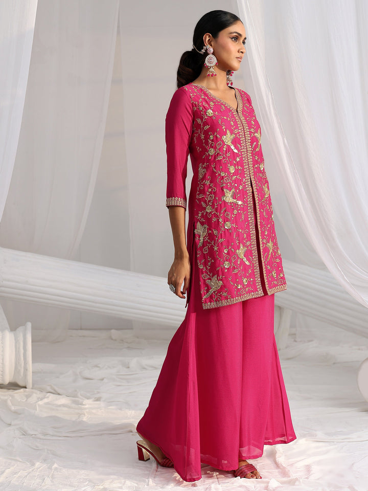 Libas Rani Pink Embroidered Front Slit Chinon Palazzo Suit Set