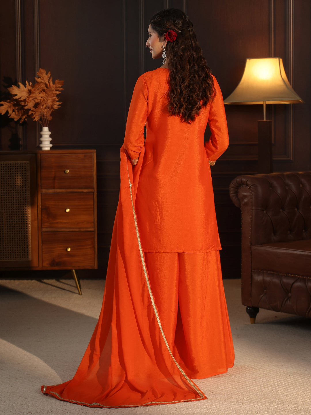 Libas Orange Sequin Embellished Chinon Palazzo Suit Set