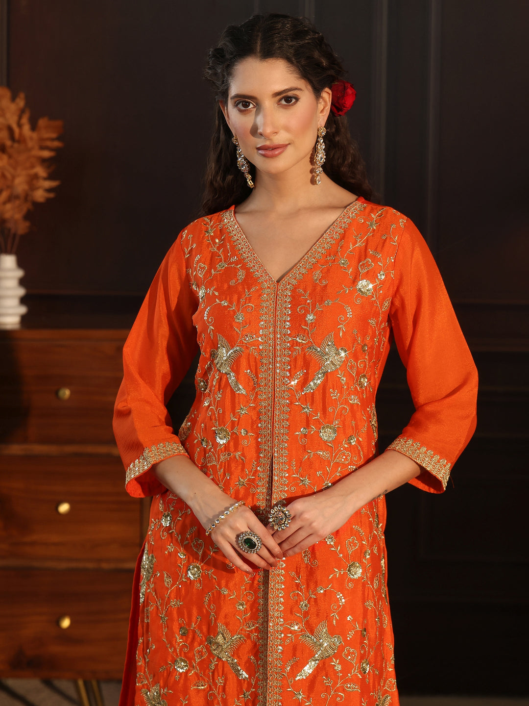 Libas Orange Sequin Embellished Chinon Palazzo Suit Set