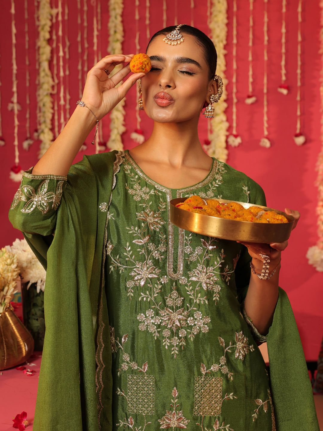 Libas Olive Green Floral Embroidered Chinon Palazzo Suit Set
