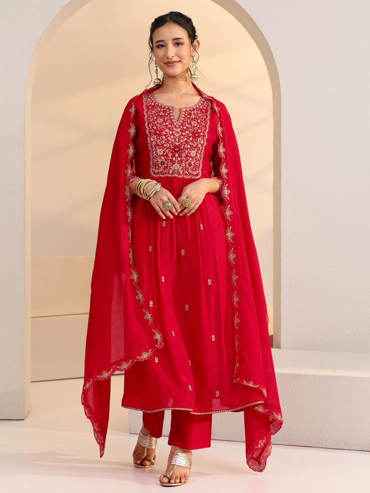 Libas Red Floral Embellished Chanderi Cotton A-Line Suit Set
