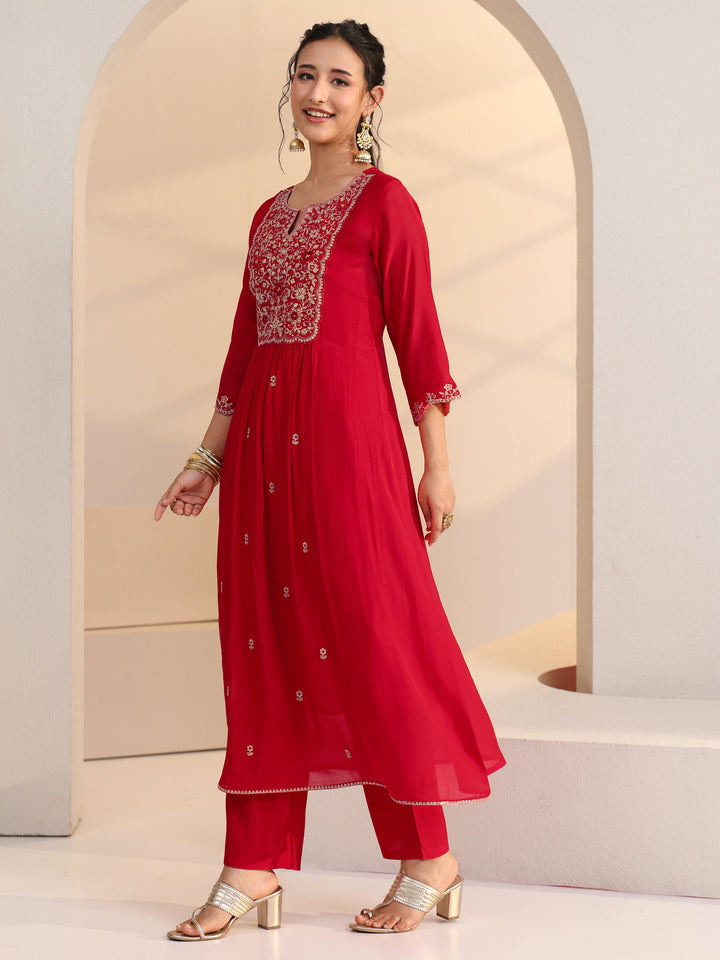Libas Red Floral Embellished Chanderi Cotton A-Line Suit Set