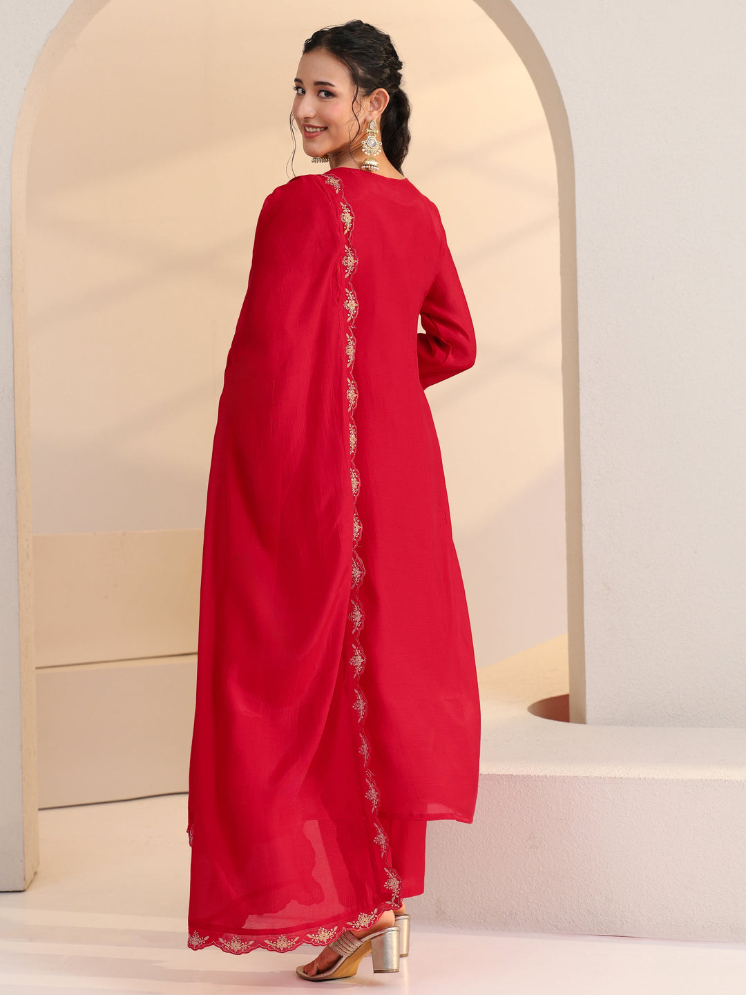 Libas Red Floral Embellished Chanderi Cotton A-Line Suit Set