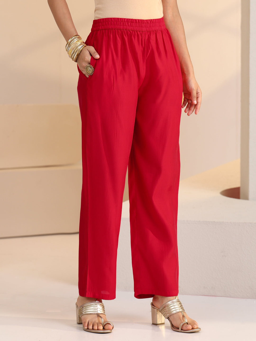 Libas Red Floral Embellished Chanderi Cotton A-Line Suit Set