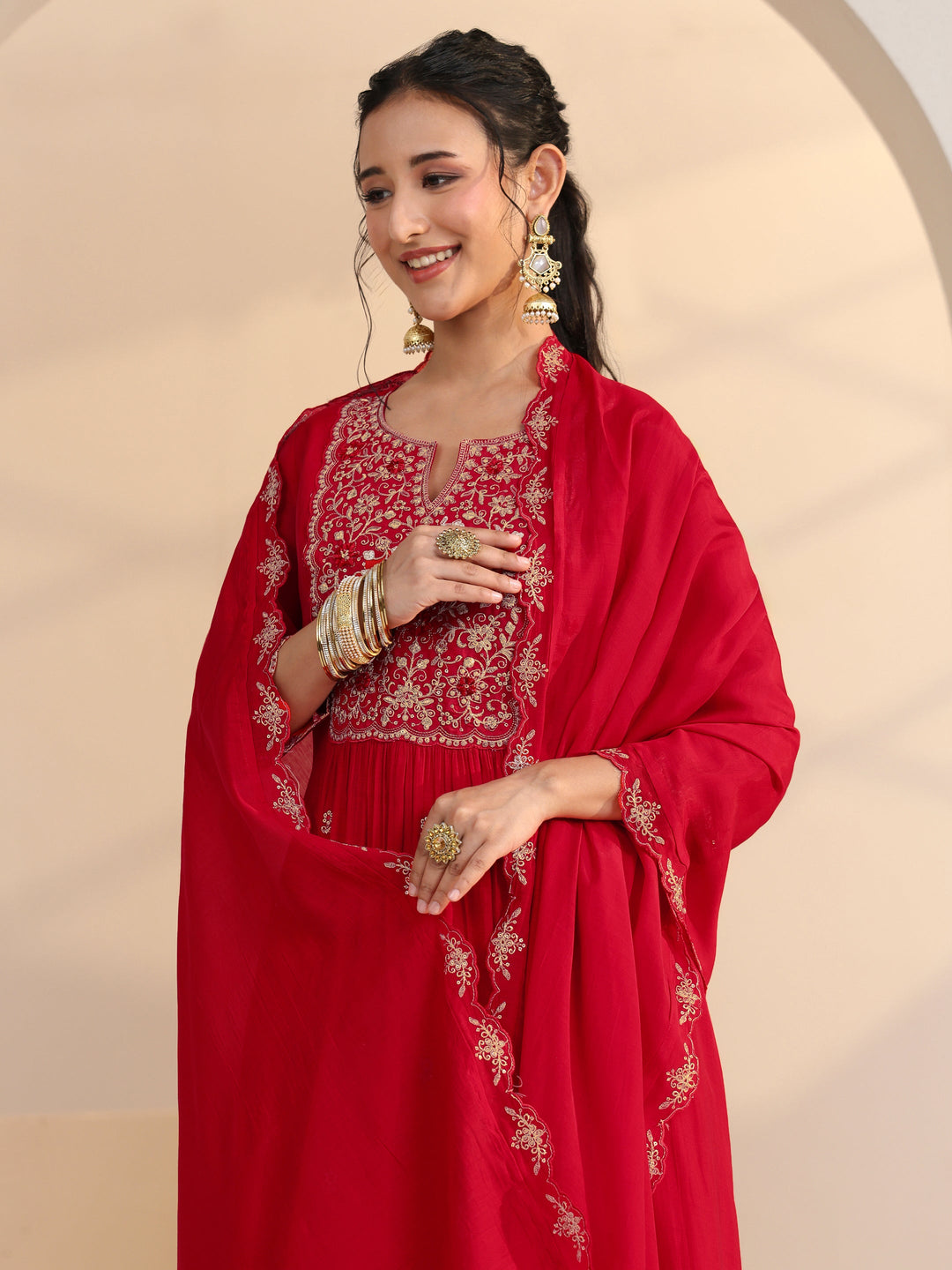 Libas Red Floral Embellished Chanderi Cotton A-Line Suit Set