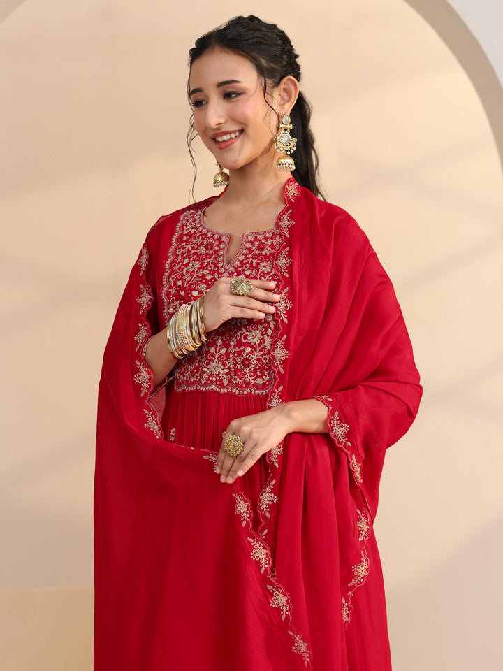 Libas Red Floral Embellished Chanderi Cotton A-Line Suit Set