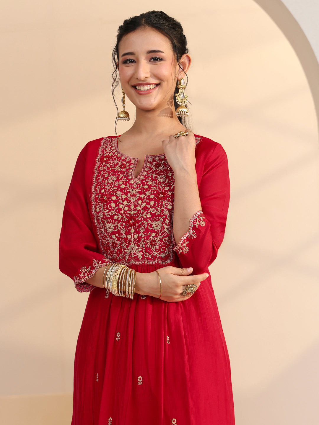 Libas Red Floral Embellished Chanderi Cotton A-Line Suit Set
