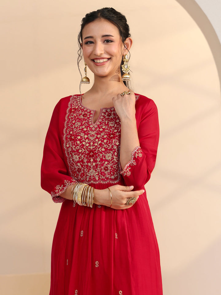 Libas Red Floral Embellished Chanderi Cotton A-Line Suit Set