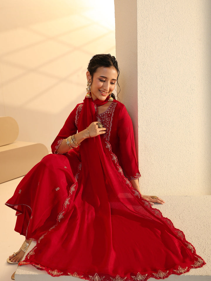 Libas Red Floral Embellished Chanderi Cotton A-Line Suit Set