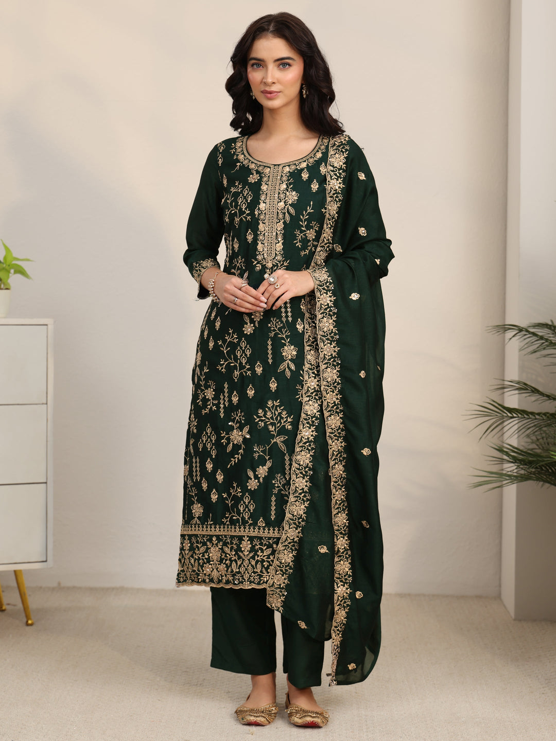 Libas Dark Green Floral Embroidered Silk Blend Straight Suit Set