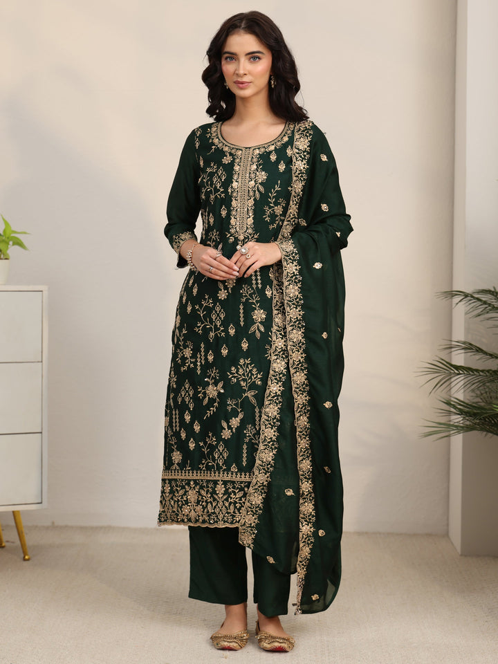Libas Dark Green Floral Embroidered Silk Blend Straight Suit Set