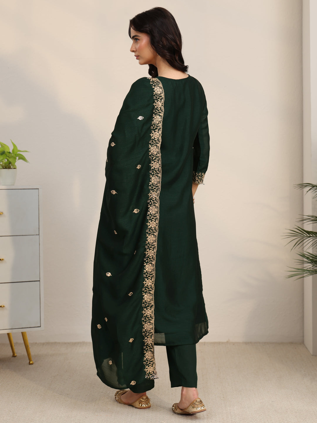 Libas Dark Green Floral Embroidered Silk Blend Straight Suit Set