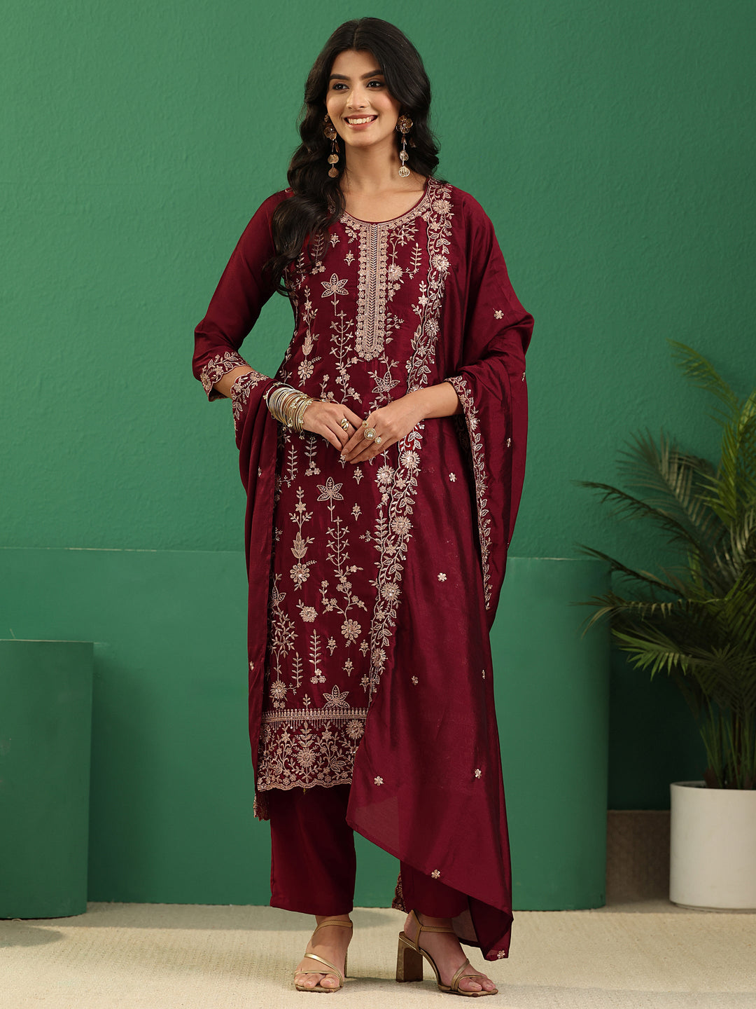 Libas Maroon Red Floral Embellished Silk Blend Straight Suit Set