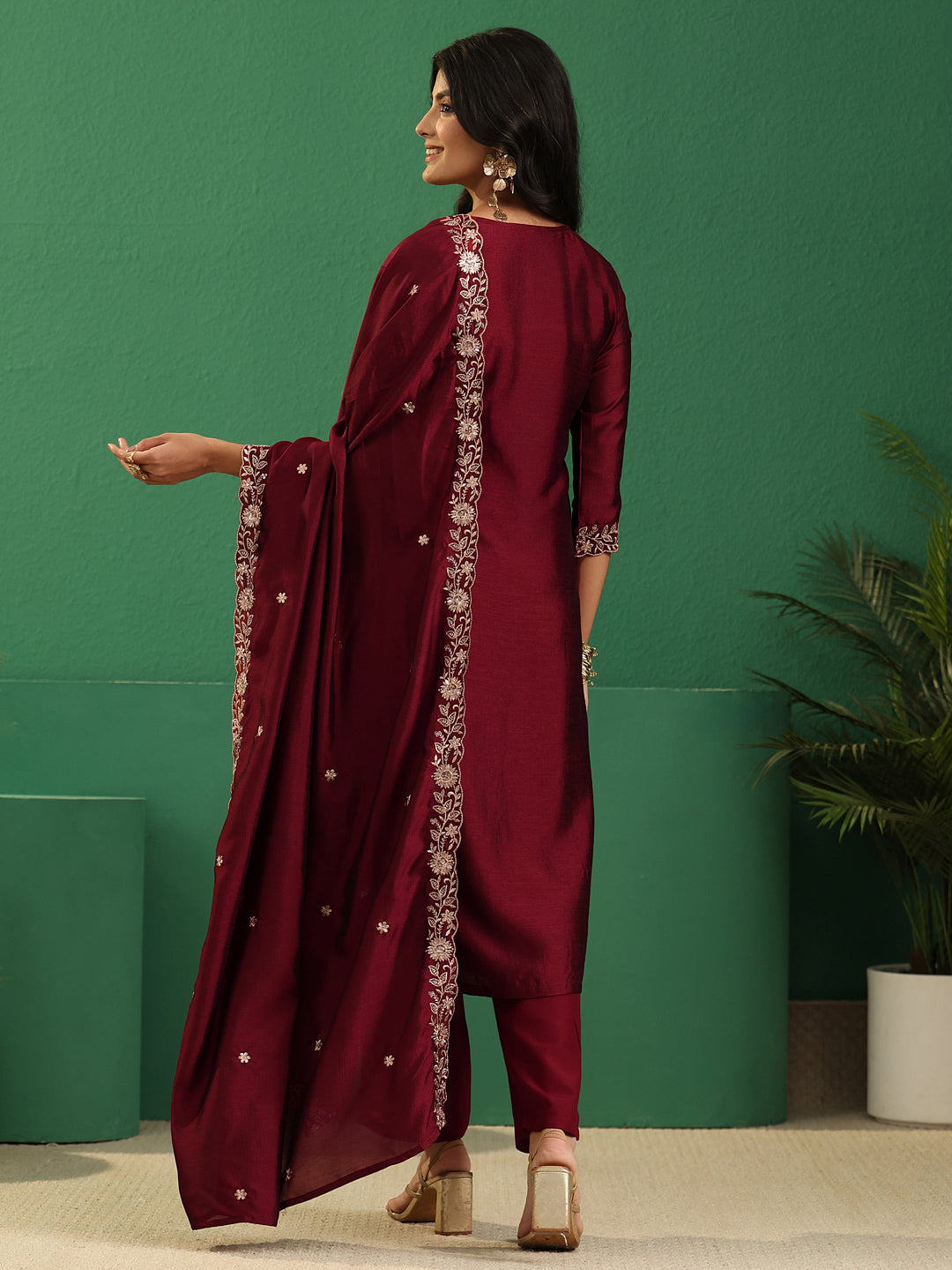 Libas Maroon Red Floral Embellished Silk Blend Straight Suit Set