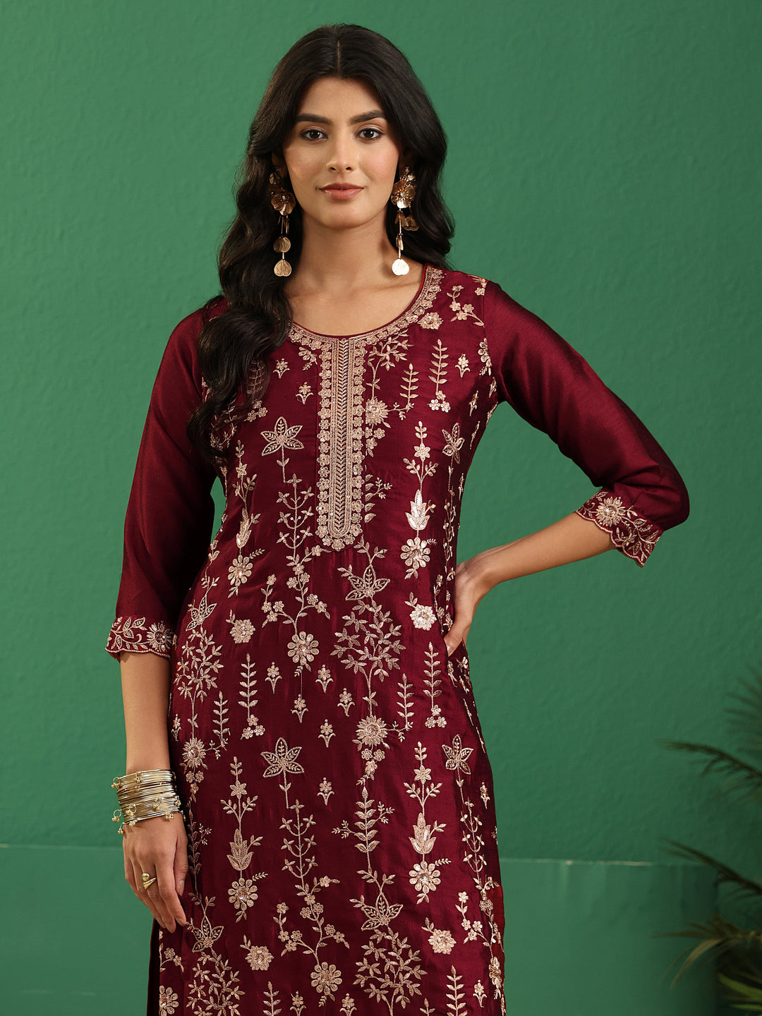 Libas Maroon Red Floral Embellished Silk Blend Straight Suit Set