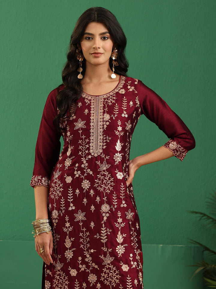 Libas Maroon Red Floral Embellished Silk Blend Straight Suit Set