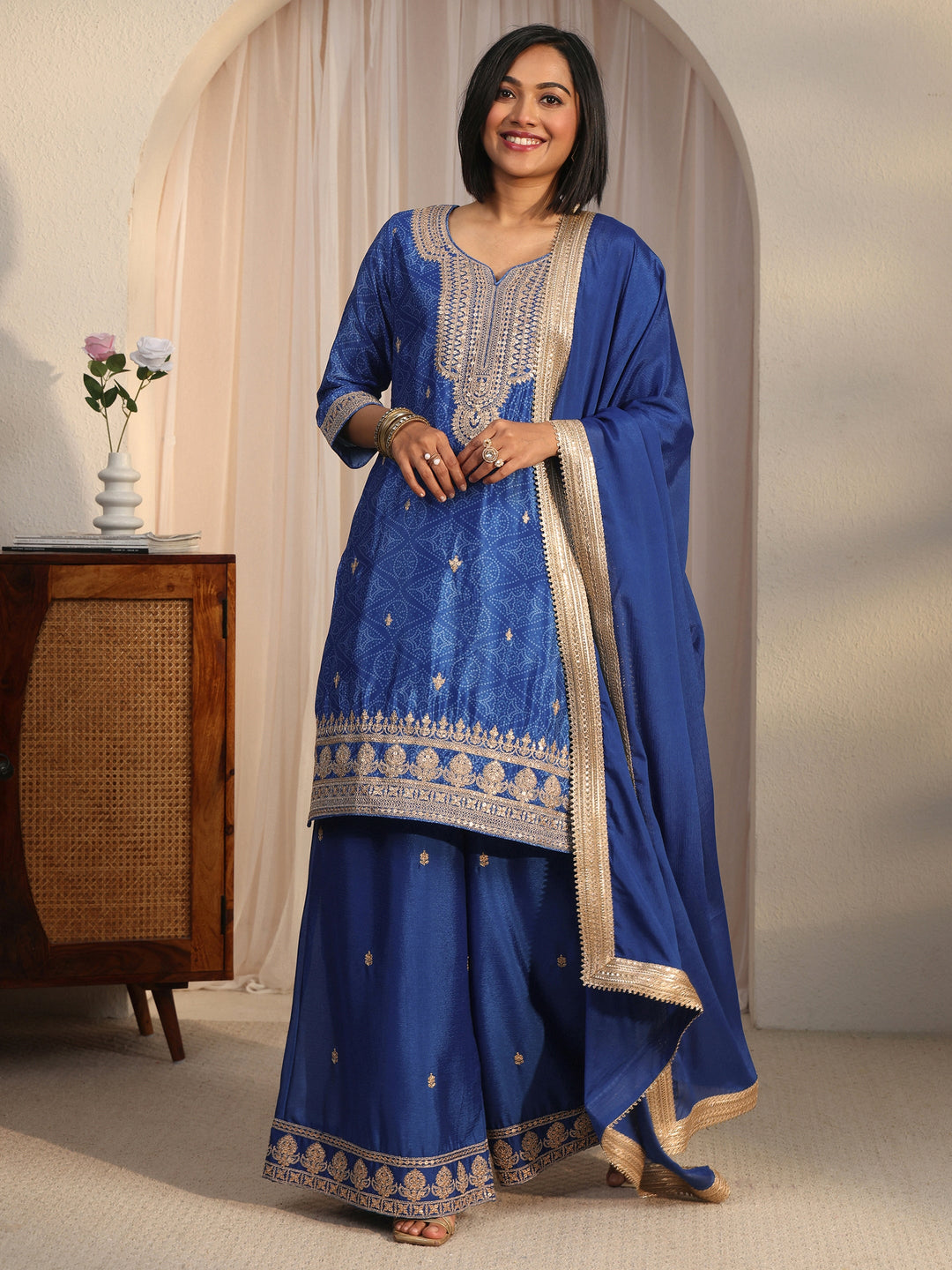 Libas Royal Blue Bandhani Printed Silk Blend Palazzo Suit Set