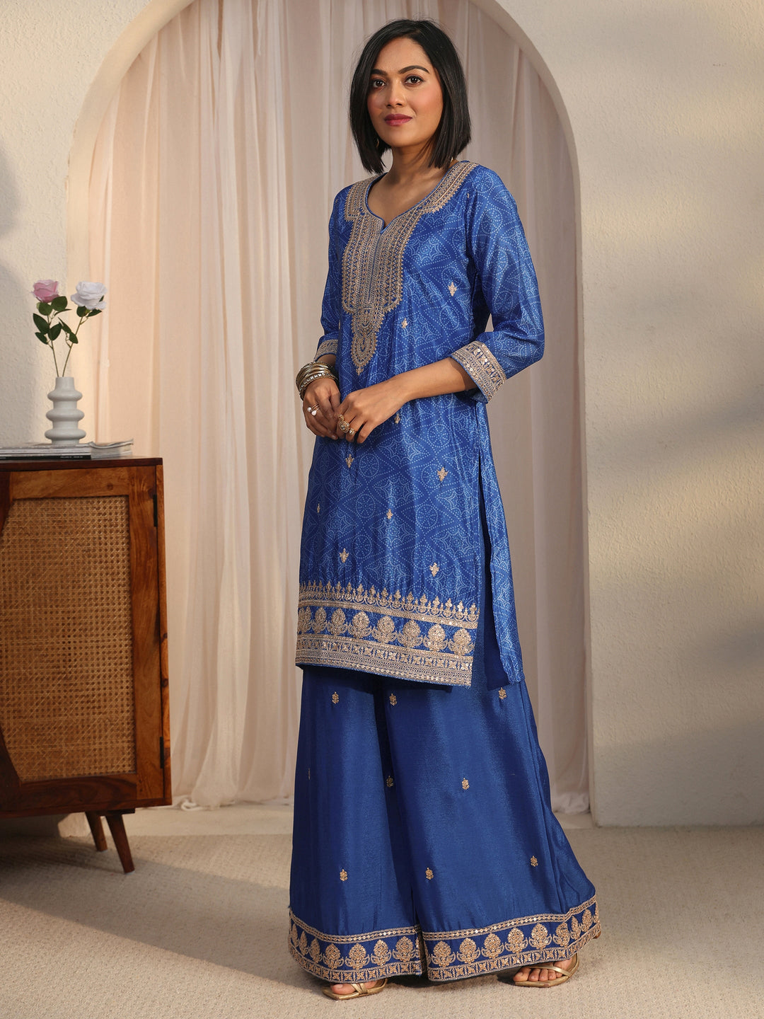 Libas Royal Blue Bandhani Printed Silk Blend Palazzo Suit Set