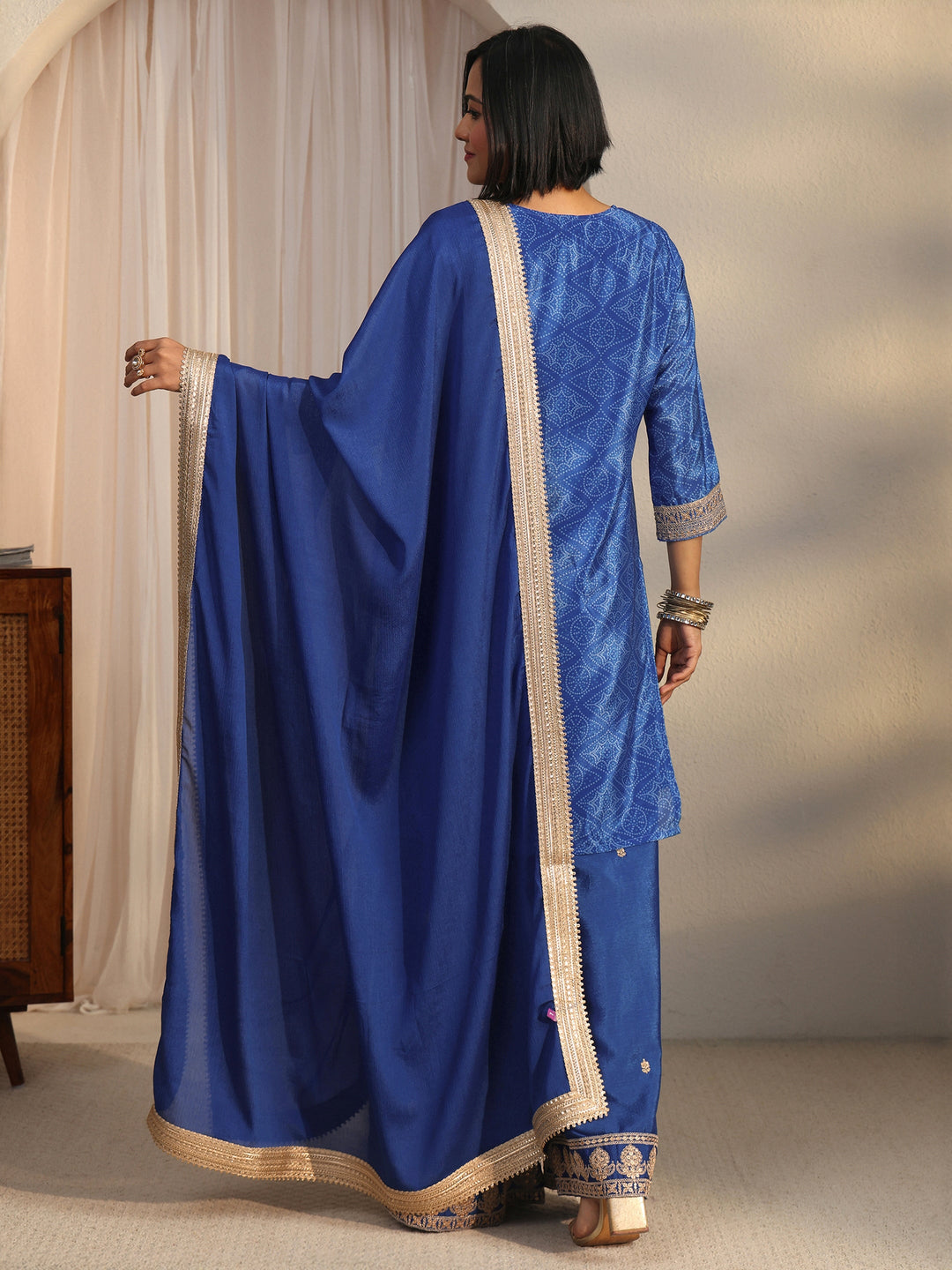 Libas Royal Blue Bandhani Printed Silk Blend Palazzo Suit Set