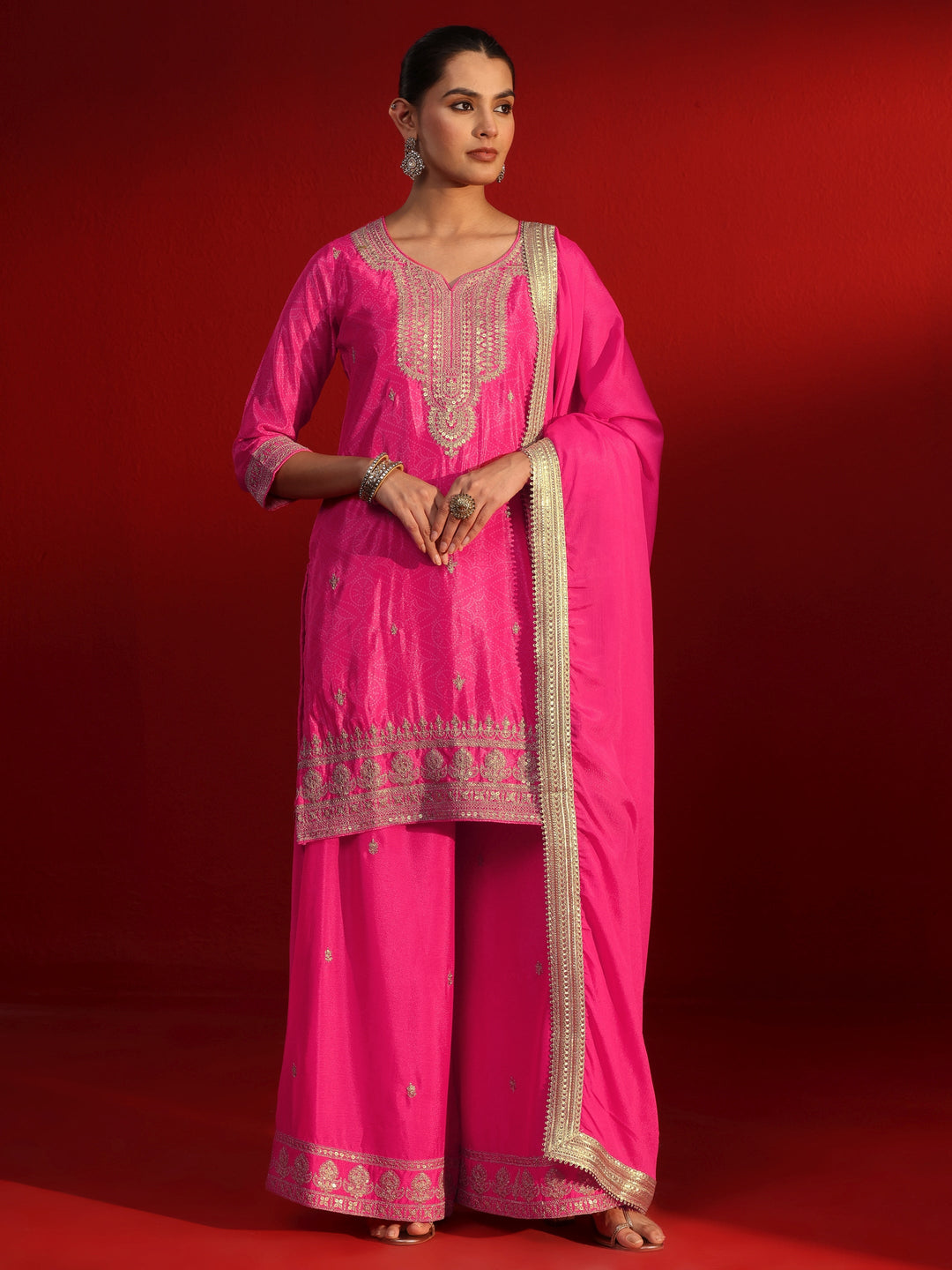 Libas Blush Pink Bandhani Printed Silk Blend Palazzo Suit Set