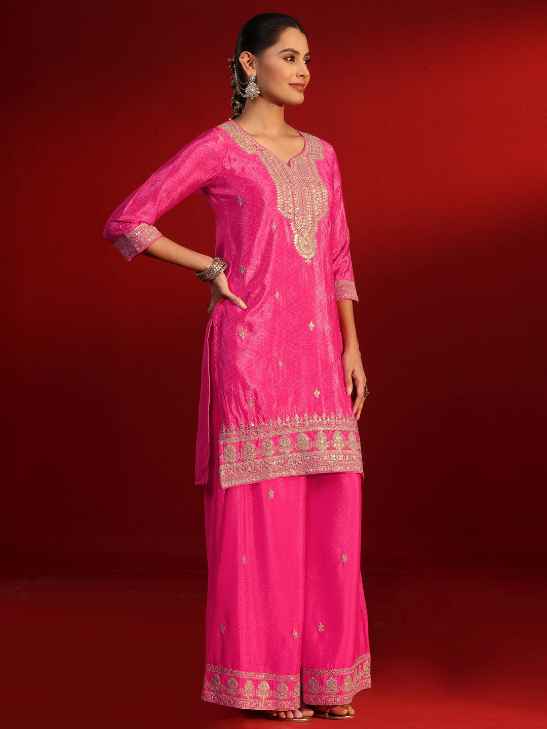 Libas Blush Pink Bandhani Printed Silk Blend Palazzo Suit Set