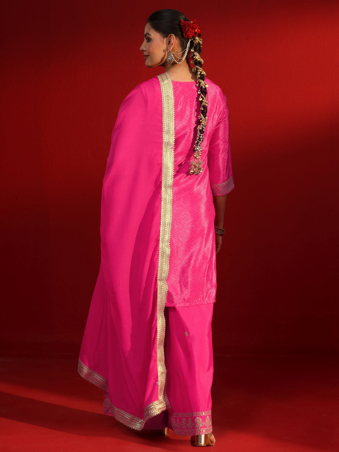 Libas Blush Pink Bandhani Printed Silk Blend Palazzo Suit Set