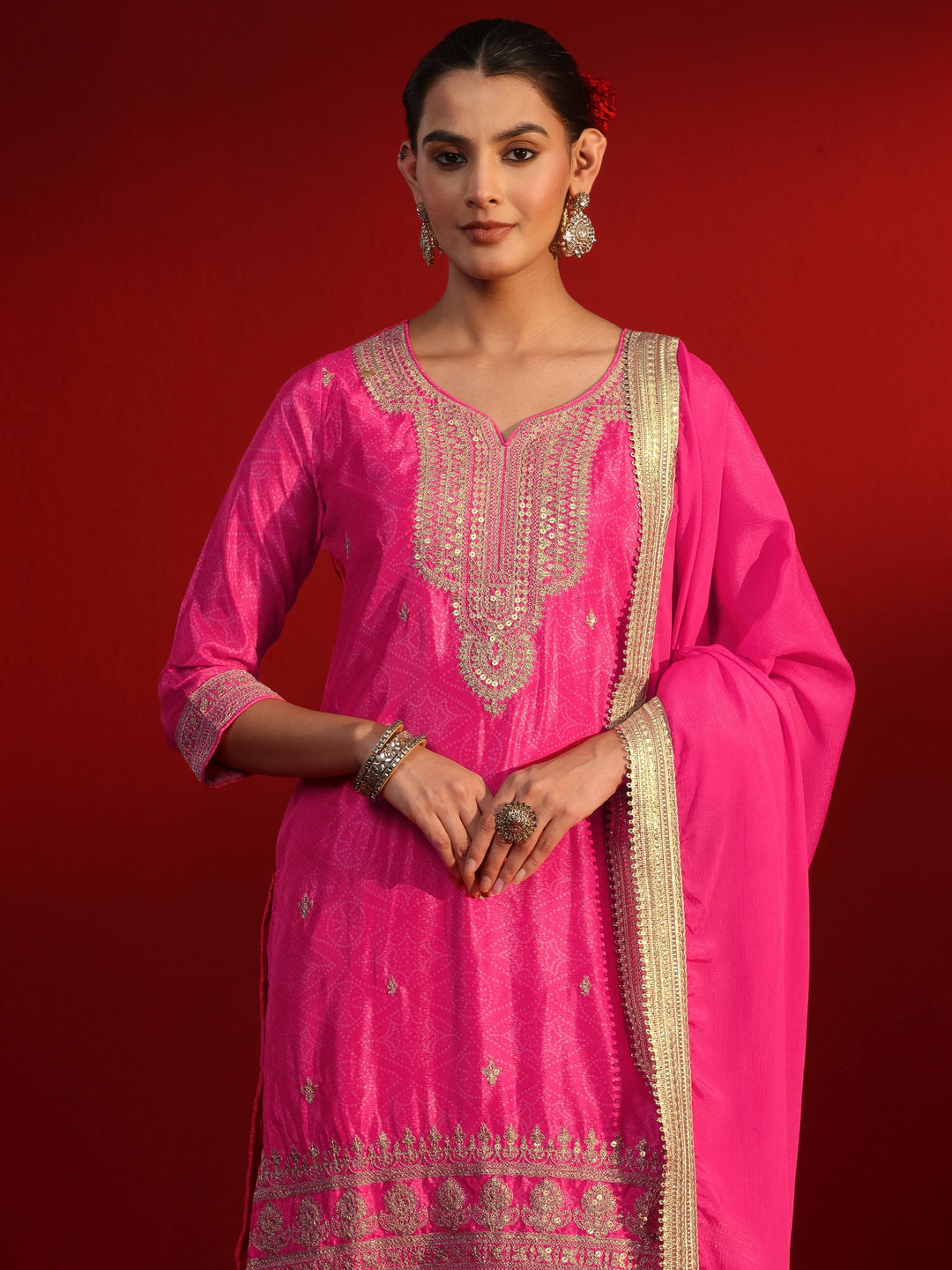 Libas Blush Pink Bandhani Printed Silk Blend Palazzo Suit Set