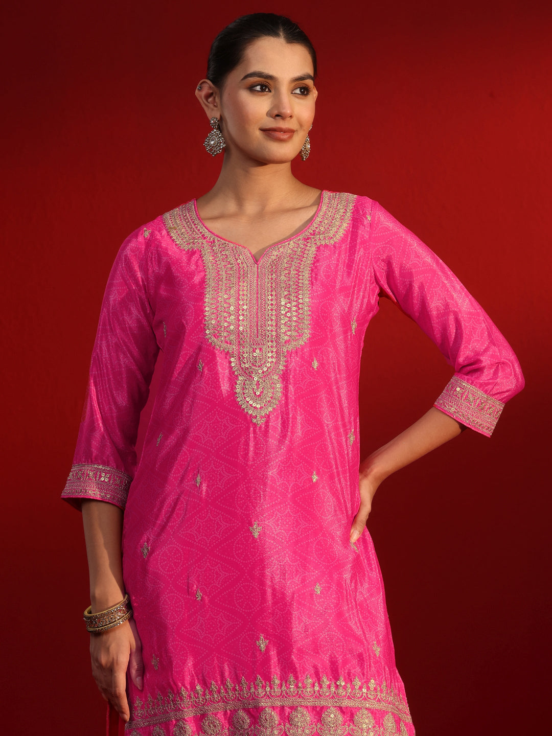 Libas Blush Pink Bandhani Printed Silk Blend Palazzo Suit Set