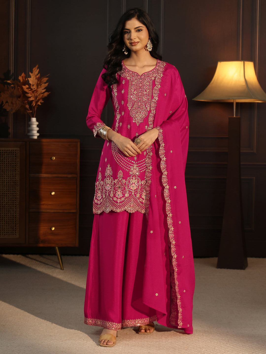 Libas Rani Pink Floral Embroidered Chinon Palazzo Suit Set