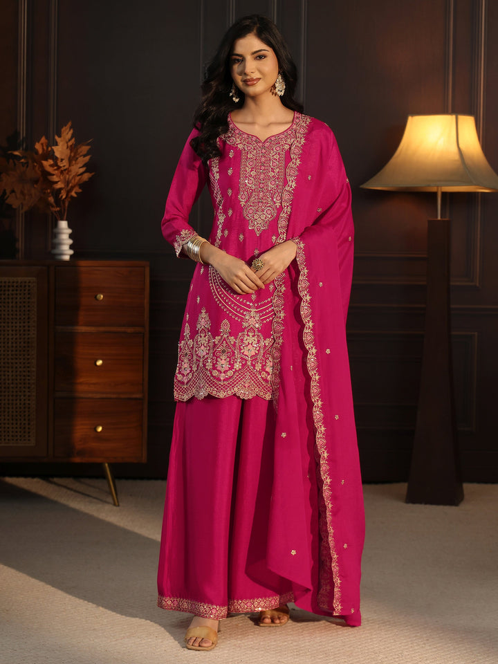 Libas Rani Pink Floral Embroidered Chinon Palazzo Suit Set