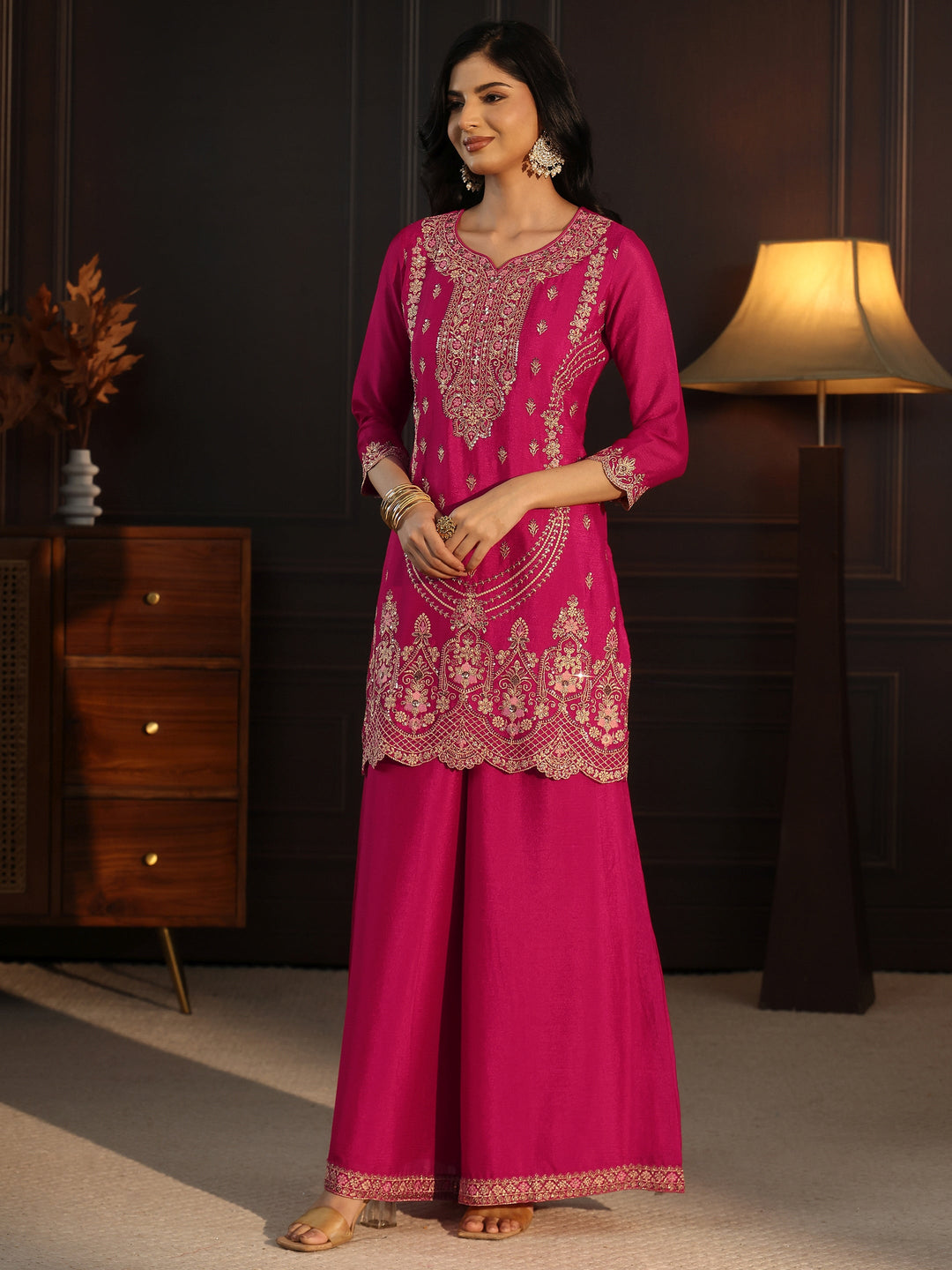 Libas Rani Pink Floral Embroidered Chinon Palazzo Suit Set