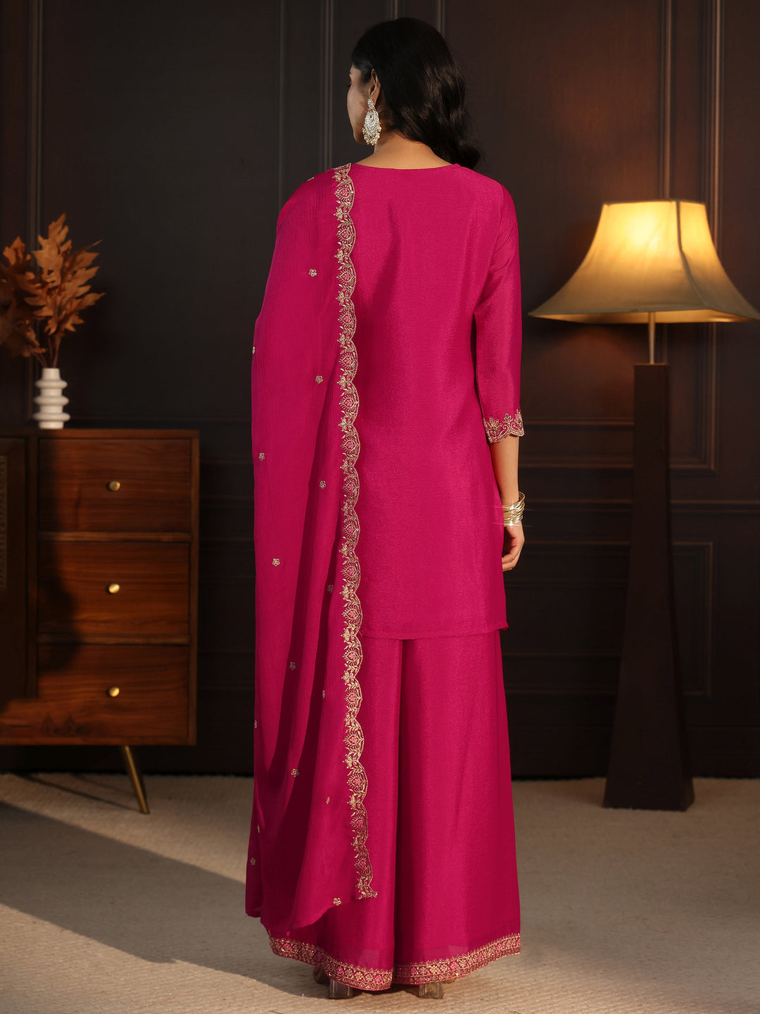 Libas Rani Pink Floral Embroidered Chinon Palazzo Suit Set