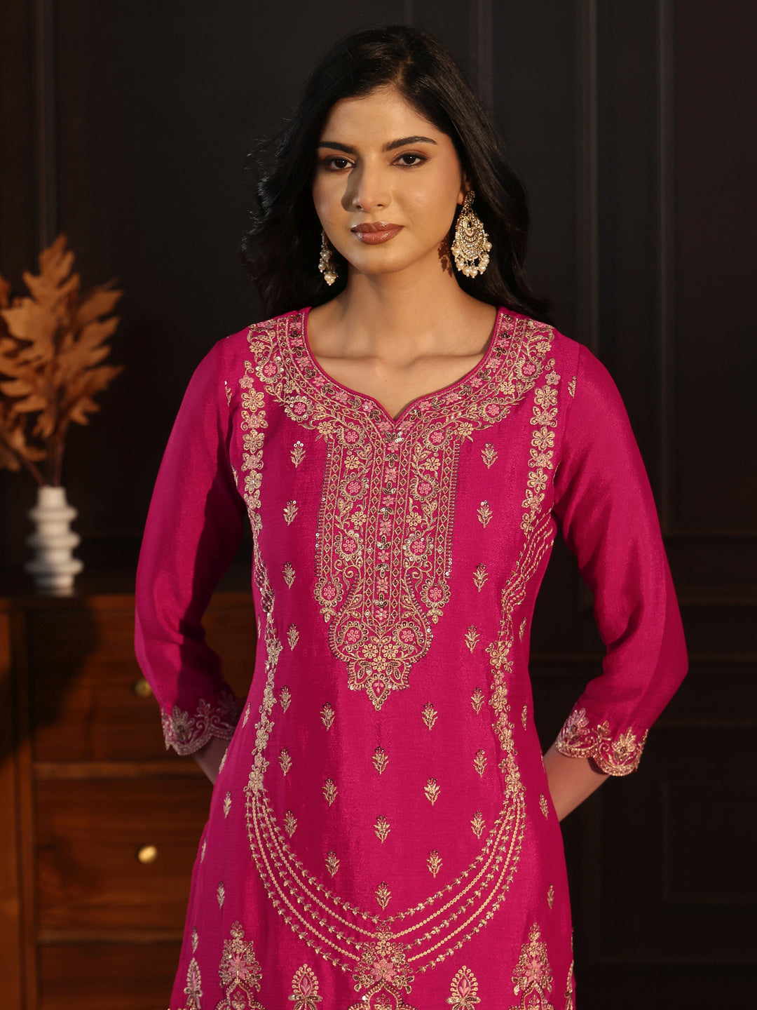 Libas Rani Pink Floral Embroidered Chinon Palazzo Suit Set