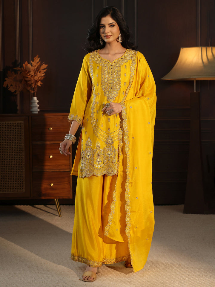 Libas Yellow Floral Embroidered Chinon Palazzo Suit Set