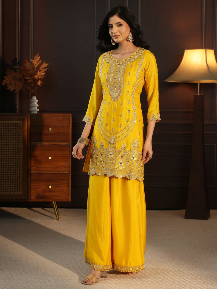 Libas Yellow Floral Embroidered Chinon Palazzo Suit Set