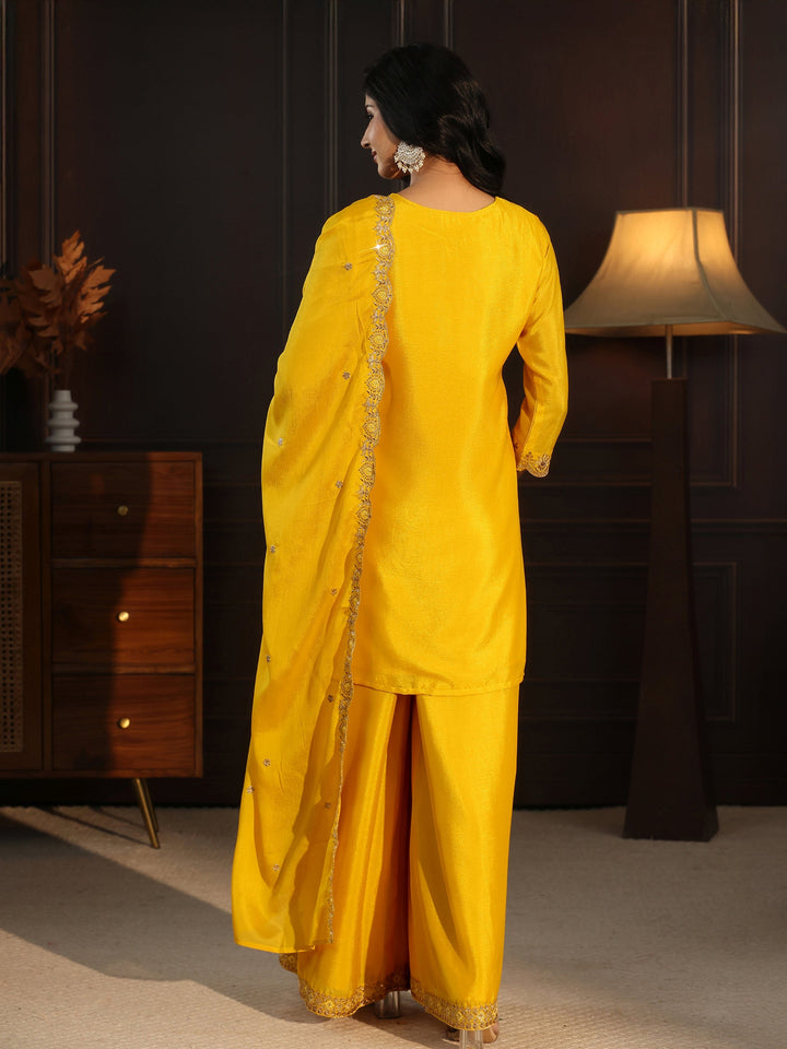 Libas Yellow Floral Embroidered Chinon Palazzo Suit Set