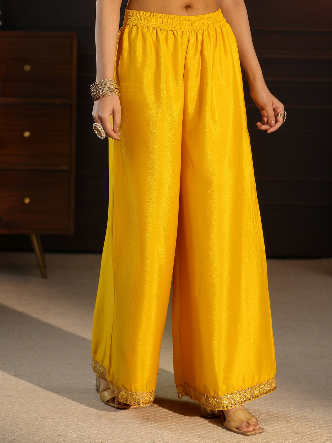 Libas Yellow Floral Embroidered Chinon Palazzo Suit Set