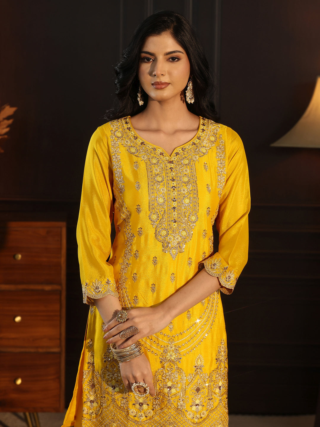 Libas Yellow Floral Embroidered Chinon Palazzo Suit Set