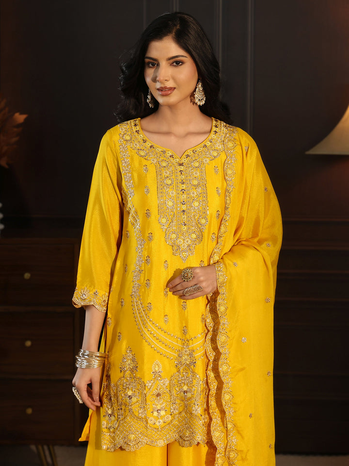 Libas Yellow Floral Embroidered Chinon Palazzo Suit Set