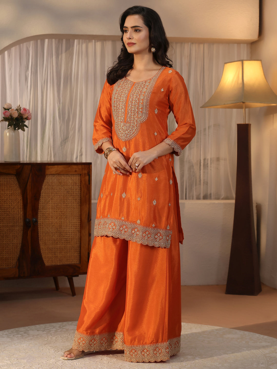 Libas Orange Yoke Design Embroidered Chinon Palazzo Suit Set