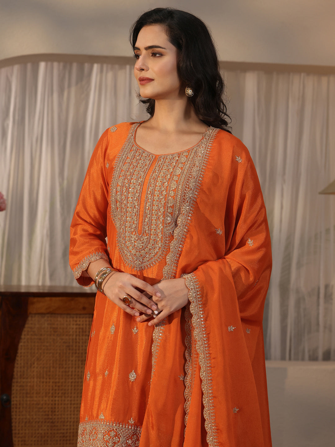 Libas Orange Yoke Design Embroidered Chinon Palazzo Suit Set