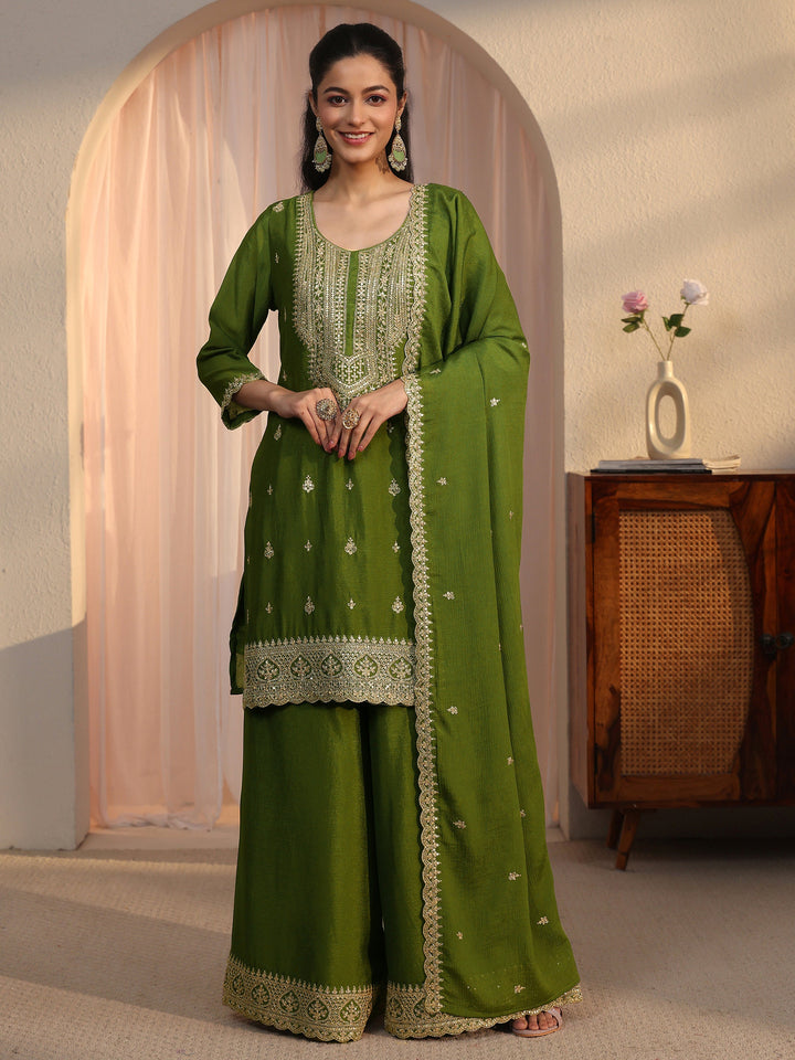 Libas Green Ethnic Embroidered Chinon Palazzo Suit Set