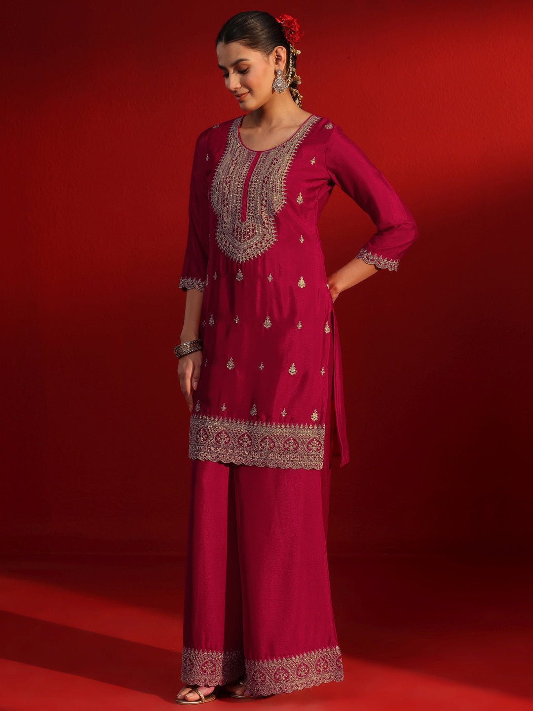 Libas Ruby Red Ethnic Embroidered Chinon Palazzo Suit Set