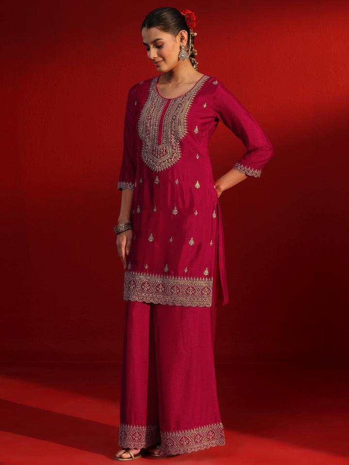 Libas Ruby Red Ethnic Embroidered Chinon Palazzo Suit Set