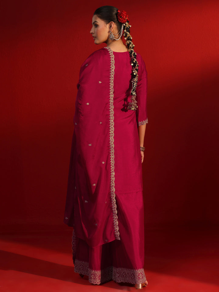 Libas Ruby Red Ethnic Embroidered Chinon Palazzo Suit Set