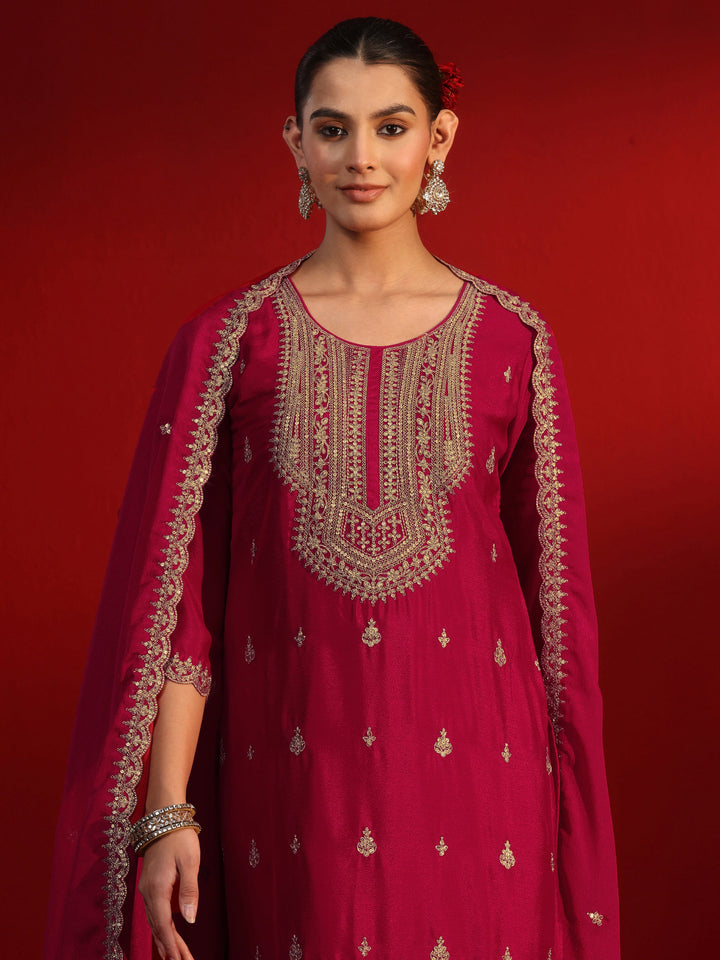 Libas Ruby Red Ethnic Embroidered Chinon Palazzo Suit Set