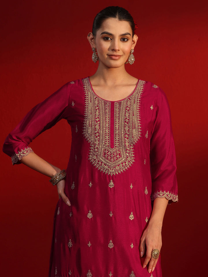 Libas Ruby Red Ethnic Embroidered Chinon Palazzo Suit Set