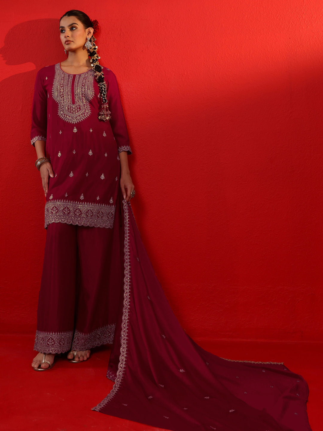 Libas Ruby Red Ethnic Embroidered Chinon Palazzo Suit Set