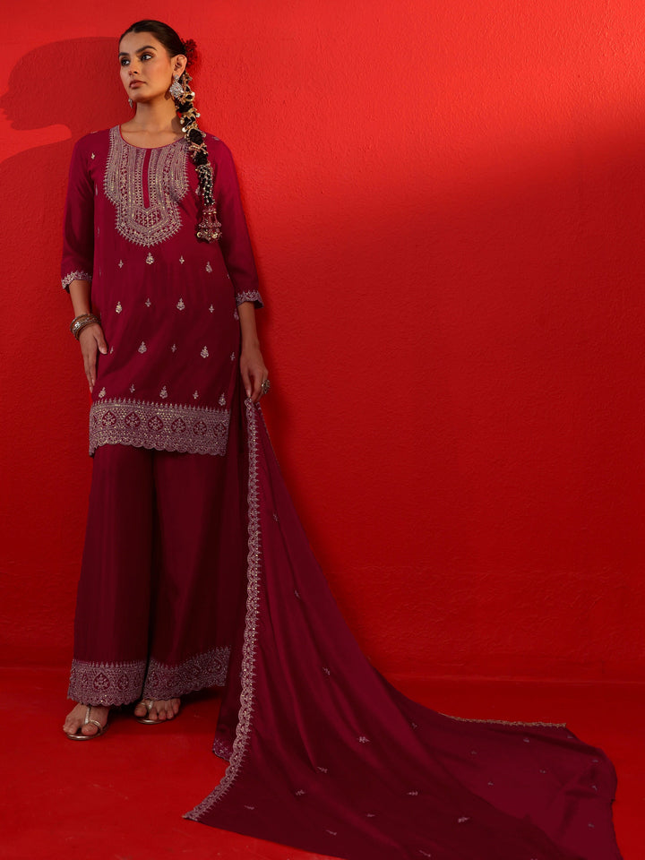 Libas Ruby Red Ethnic Embroidered Chinon Palazzo Suit Set