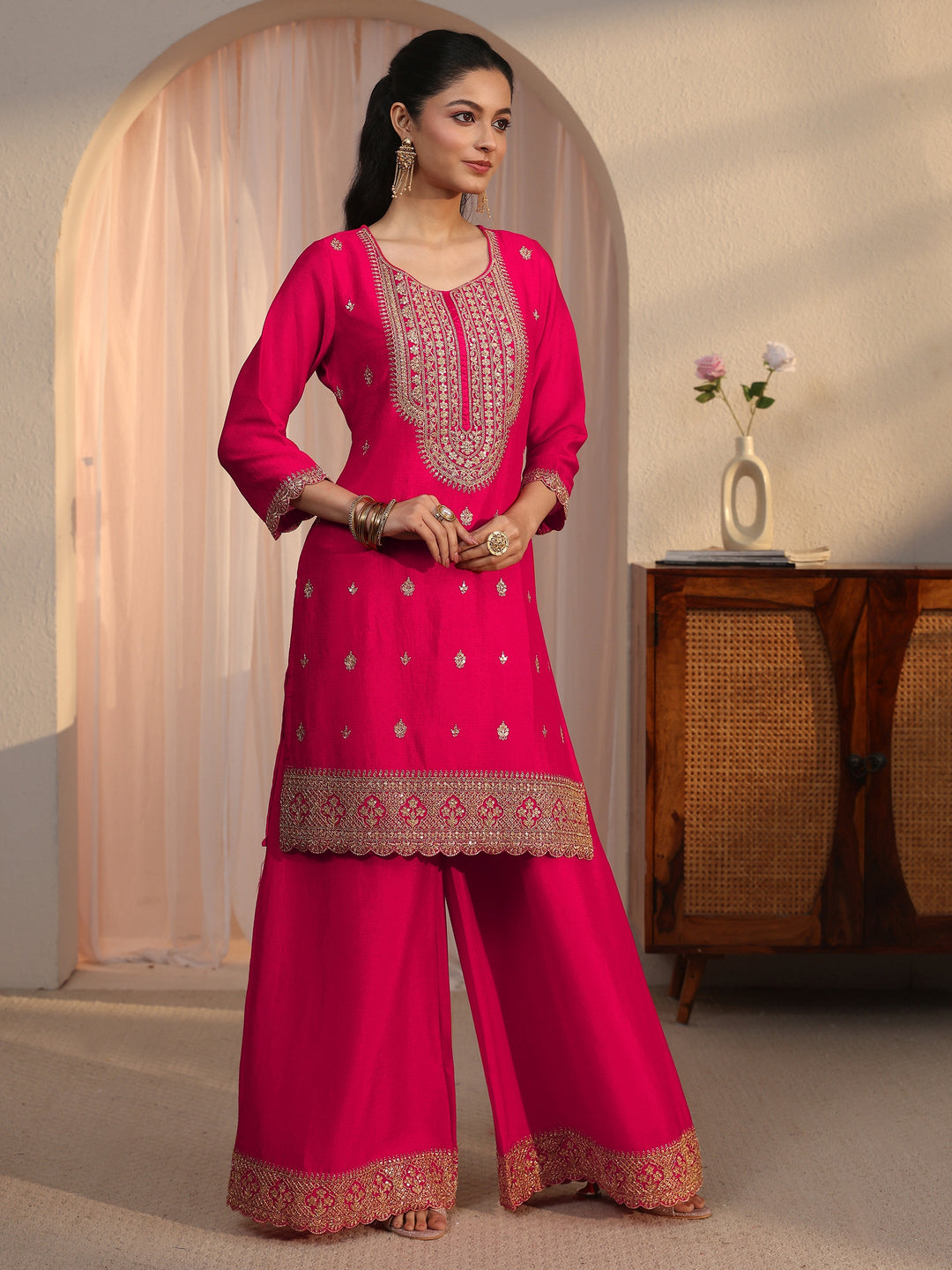 Libas Pink Ethnic Embroidered Chinon Palazzo Suit Set